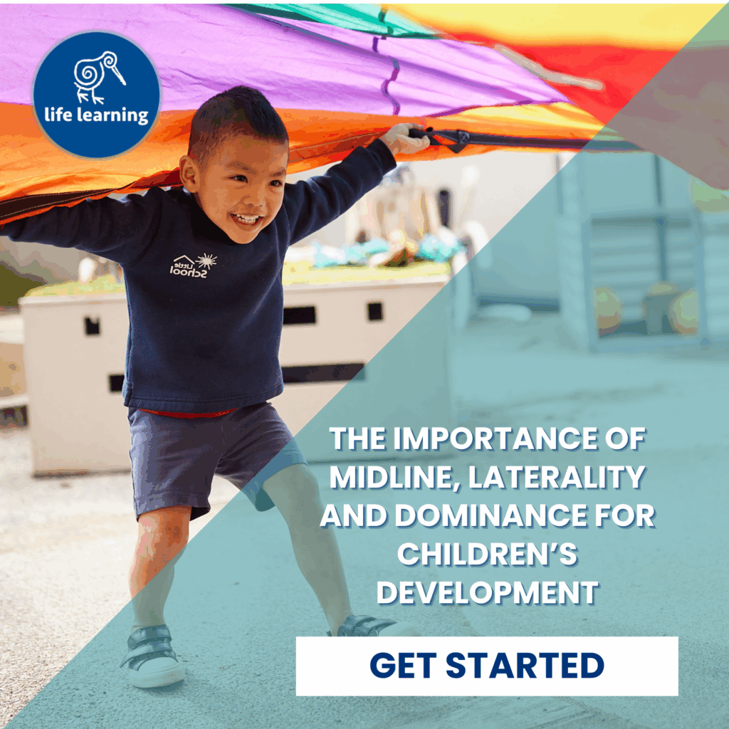 Smiling child lifting a colorful parachute to support midline crossing and bilateral coordination in early childhood