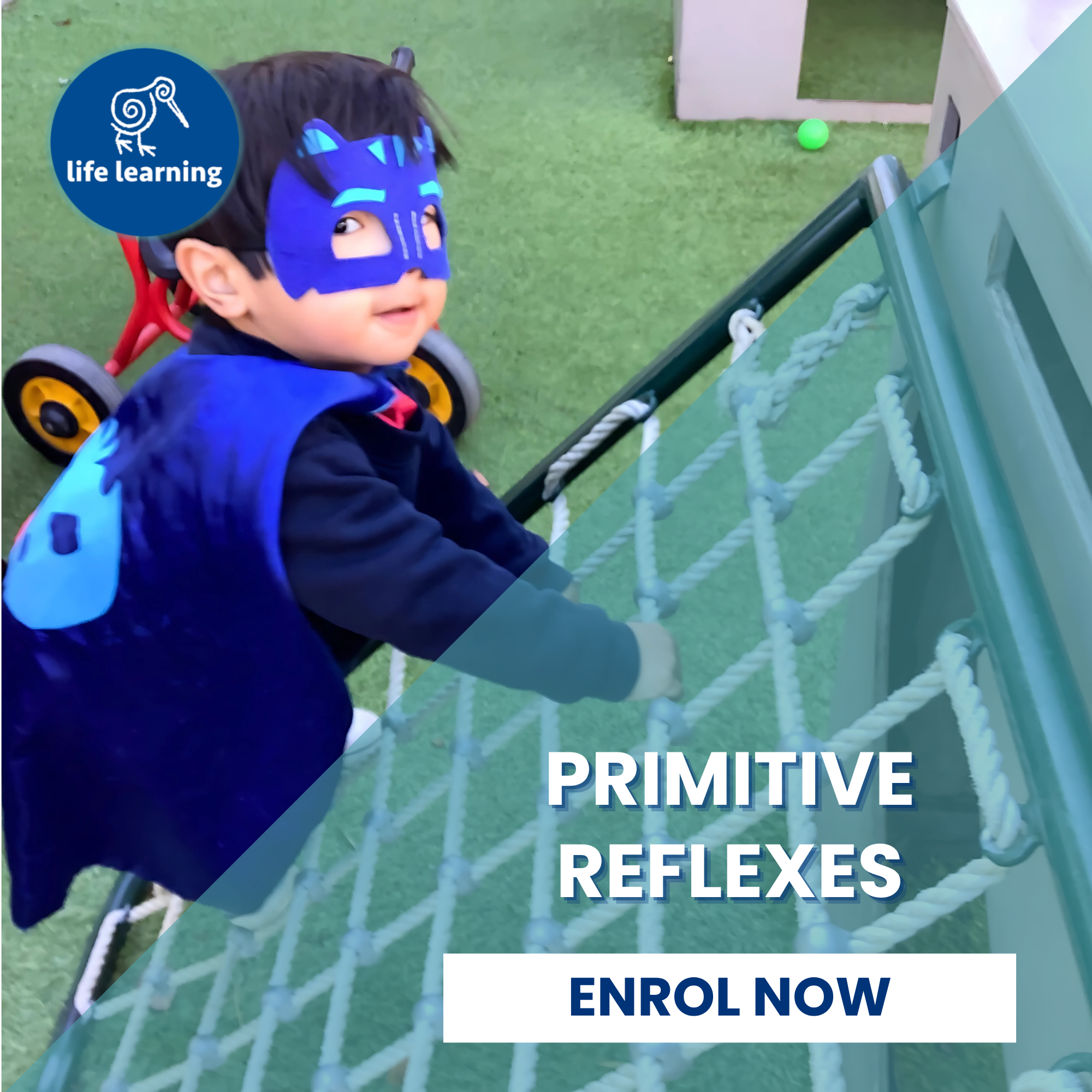 Young child in superhero costume climbing rope net, developing gross motor skills and integrating primitive reflexes during outdoor play