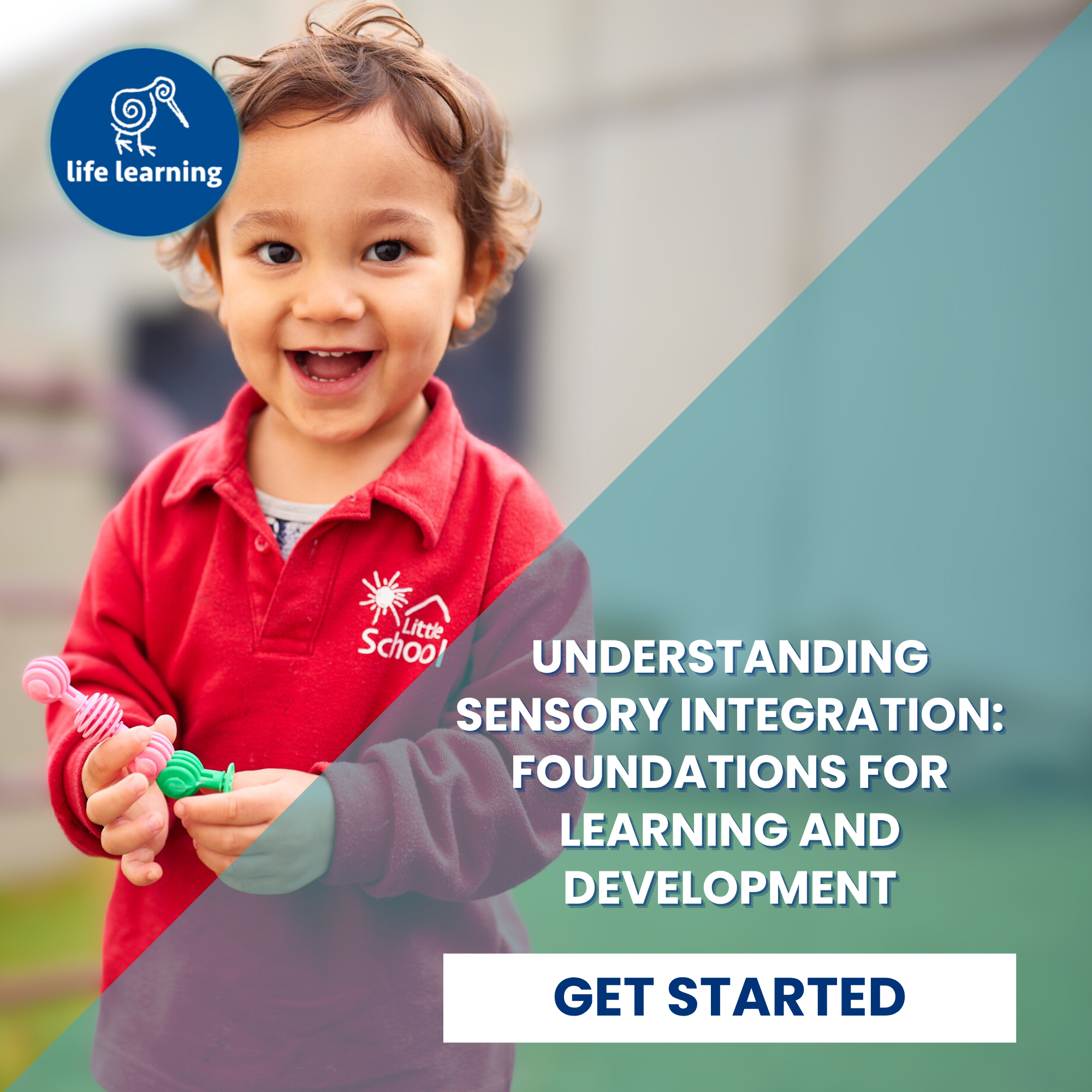Smiling young child in red shirt playing with textured sensory toys, supporting sensory integration and early learning development
